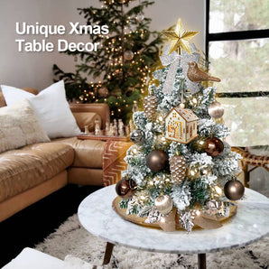 2ft Mini Christmas Tree with Light Artificial Small Tabletop Woodland Christmas Decoration with Flocked Snow;  Exquisite Decor & Xmas Ornaments for Table Top for Home & Office