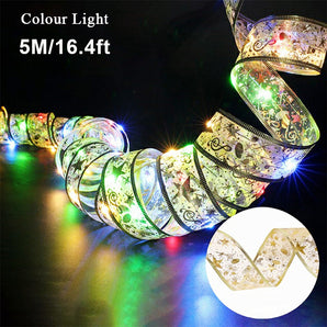 1pc New Years Christmas Lights; New Years Christmas Decoration Golden Christmas Ribbon Fairy Lights