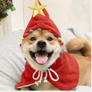 Pet Christmas Costume Puppy Xmas Cape with Stars and Pompoms Cat Santa Cloak