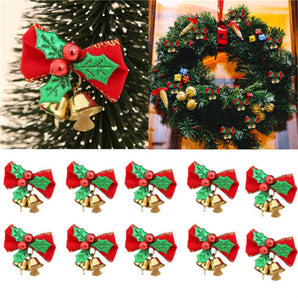 10x Red Fabric Bows With Bells Decorations Christmas Xmas Party Tree Ornament