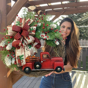 1pc, Christmas Wreath Red Truck Decoration, Large Door Front Wreath, Door Hanging, Christmas Decorations, Home Decoration Wreath, Christmas Decor Supplies, Holiday Decor