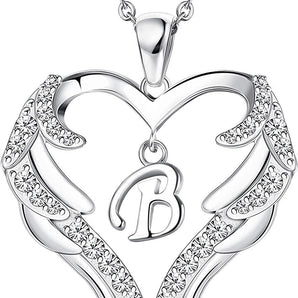 925 Sterling Initial Necklaces 14K Gold Plated Angel Wings Love Heart Pendant Necklaces for Women Valentine's with Gifts Box