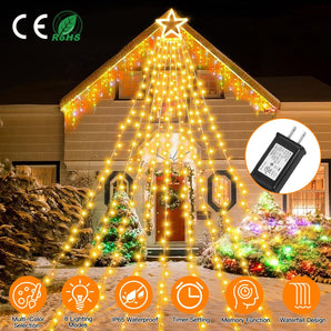 Christmas Hanging Waterfall String Light with Topper Star IP65 Waterproof Outdoor Plug In Fairy Waterfall Tree Light with 8 Lighting Modes Timer Memory Function