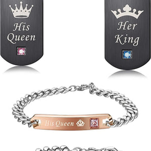 Couples Necklaces Bracelets Set for Him and Her; His Queen Her King Couples Set Gifts for Lover Valentine's Day Gifts
