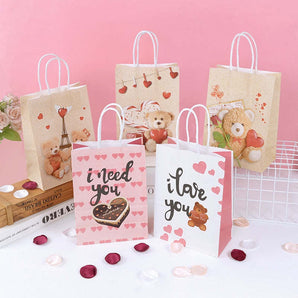 5pcs Love Heart Bear Kraft Paper Bags Valentines Day Gift Packaging Anniversary Wedding Cookie Candy Bag Birthday Party Supplies