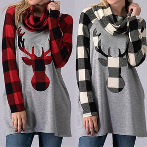 Christmas Ladies Women's Stitching Color Sweater Pullover Elk Print Long Sleeves Christams Clothes Loose Hoodie Sweater