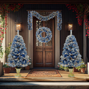 Pre-lit Xmas Tree Artificial Christmas 4-Piece Set,Garland, Wreath and Set of 2 Entrance Trees X-mas with LED Lights, Christmas Tree WL