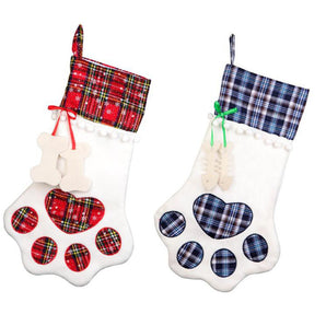 Christmas Gift Bags Pet Dog Cat Paw Stocking Socks Plaid Xmas Tree Ornaments
