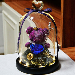 Eternal Flower Rose Bear Glass Cover with LED Light Valentine Day