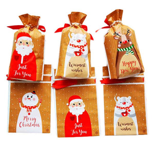 20 Pcs Orange Christmas Gift Wrapping Bags Candy Bag Drawstring Bag Gift Wrap Random Pattern; Snowman Santa Claus White Bear Elk